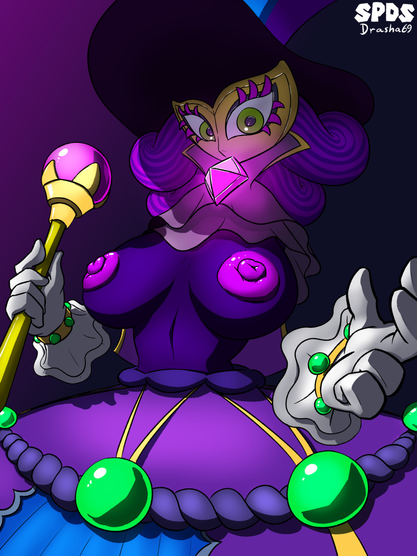 absurd_res anthro areola breasts clothed clothing drasha69 dress eyelashes female glistening glistening_areola glistening_eyes glistening_nipples gloves hair handwear hat headgear headwear hi_res looking_at_viewer madame_grape mario_(series) mask nintendo nipples princess_peach:_showtime! simple_background solo staff