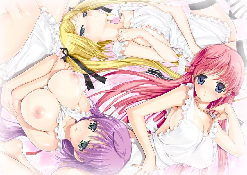 3girls apron blonde_hair cleavage female female_only game_cg happoubi_jin kanojo_x_kanojo_x_kanojo multiple_girls naked_apron no_bra orifushi_akina orifushi_mafuyu orifushi_natsumi purple_hair red_hair