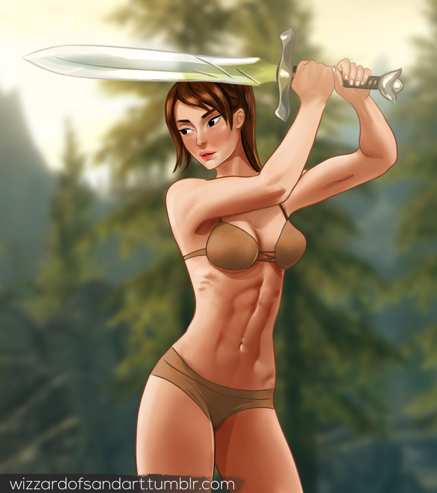 1girls bra brown_bra brown_hair brown_panties iona_(skyrim) panties skyrim sword the_elder_scrolls underwear weapon wizardofsand