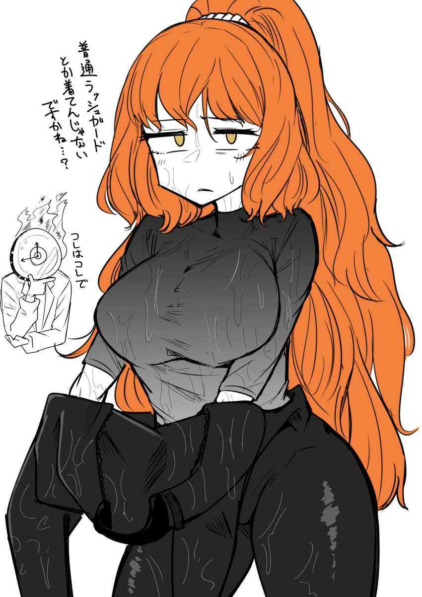 big_breasts bra clothing dante_(limbus_company) female ginger ginger_hair green_eyes ishmael_(limbus_company) limbus_company long_hair orange_hair ponytail project_moon shirt sweat tagme tied_hair wet