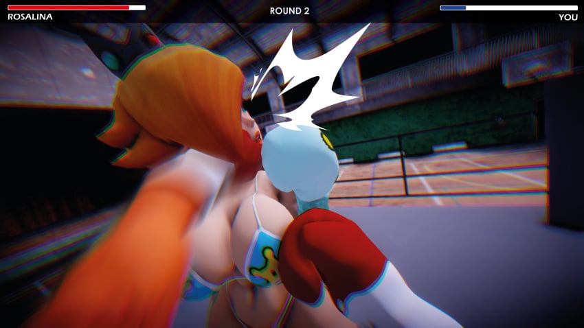 1boy 1girls 3d 3d_(artwork) big_breasts big_hips big_thighs blue_eyes boxing boxing_gloves boxing_ring breasts cleavage crown curvy curvy_female cyan_boxing_gloves cyan_gloves female female_focus fight fighting_ring gameplay_mechanics gloves hair_over_one_eye hud indoors light-skinned_female light-skinned_male light_skin lips male male_pov mario_(series) mixed_boxing mmd nintendo open_mouth part_of_a_set peach_lips platinum_blonde_hair pov pov_male princess_rosalina punch punching_face red_boxing_gloves red_gloves ryona strong_woman thick thick_hips thick_thighs thighs ultimabox wide_hips