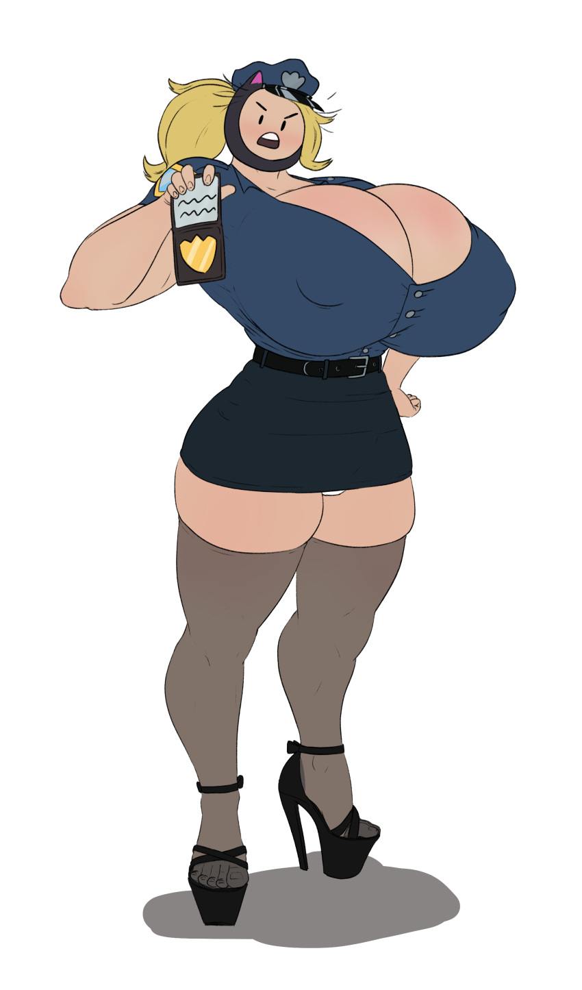 adventure_time big_breasts blonde_hair cartoon_network cleavage colored edit fake_animal_ears feet high_heels hood miniskirt misplacedlines muscular_female platform_heels police_uniform ponytail shirt solo_female stockings susan_strong thick_thighs uniform