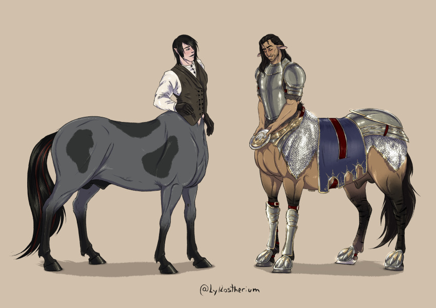 absurd_res animal_genitalia armor balls centaur clothed clothing digital_media_(artwork) duo equine_genitalia formal_wear fur genitals hi_res lykostherium male male_only sheath tail taur