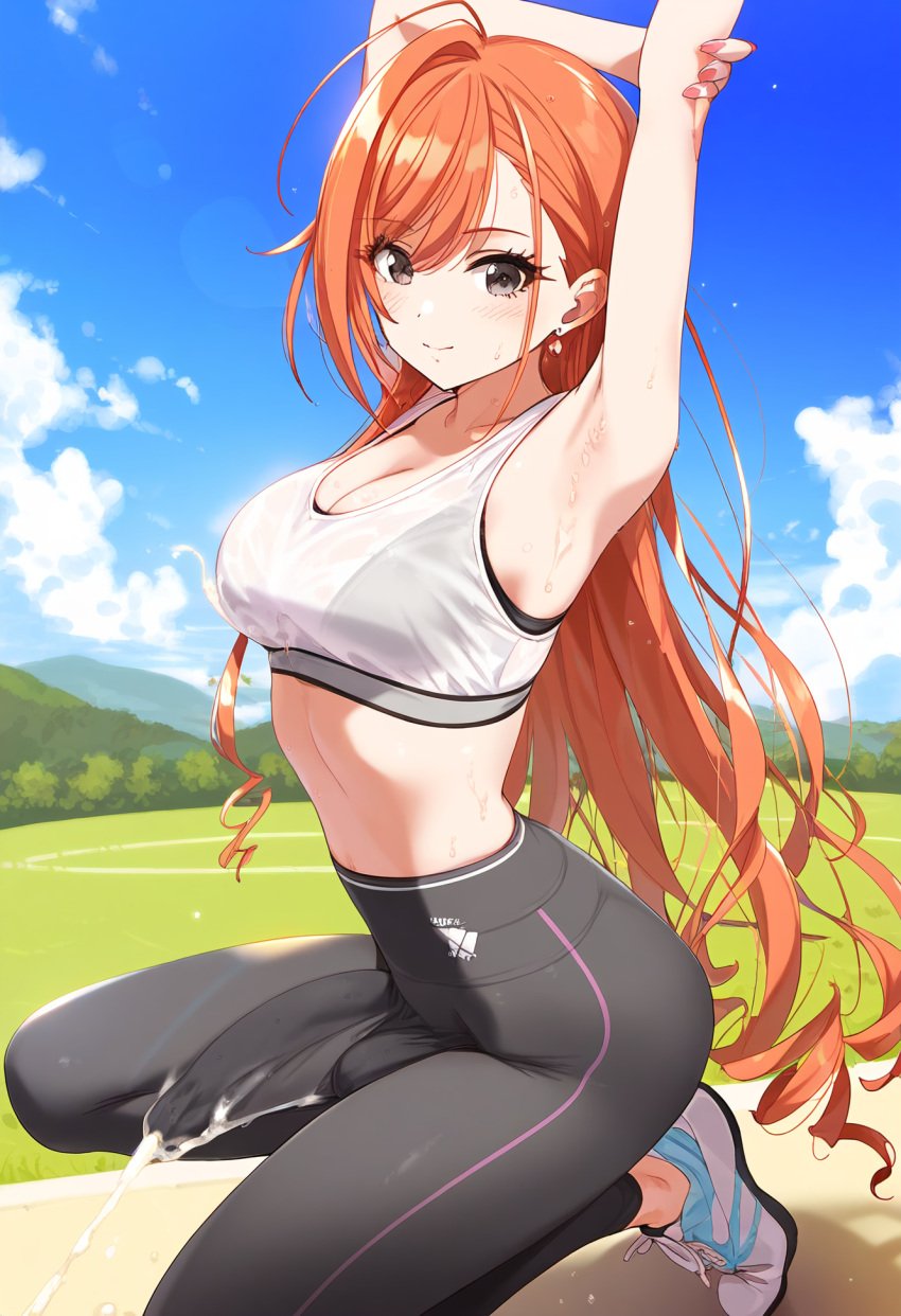 1futa ahoge ai_generated arisugawa_natsuha armpits arms_up balls bangs bare_shoulders big_penis blue_sky blush bra breasts bulge cleavage clothed cloud collarbone crop_top cum cum_on_penis cum_through_clothes cumming cumming_through_clothing cumshot day earrings ejaculating_cum ejaculation erect_penis erection erection_under_clothes eyebrows_visible_through_hair field futa_only futanari grey_pants gym_uniform hands-free handsfree_ejaculation idolmaster idolmaster_shiny_colors long_hair long_penis looking_at_viewer medium_breasts midriff orange_hair orgasm outdoors pants penis penis_bulge penis_shaped_bulge penis_under_clothes ponytail shoes sitting sky sleeveless smile sneakers solo solo_futa sports_bra sportswear stretch stretching sunny sweat swept_bangs tenting visible_penis_shape