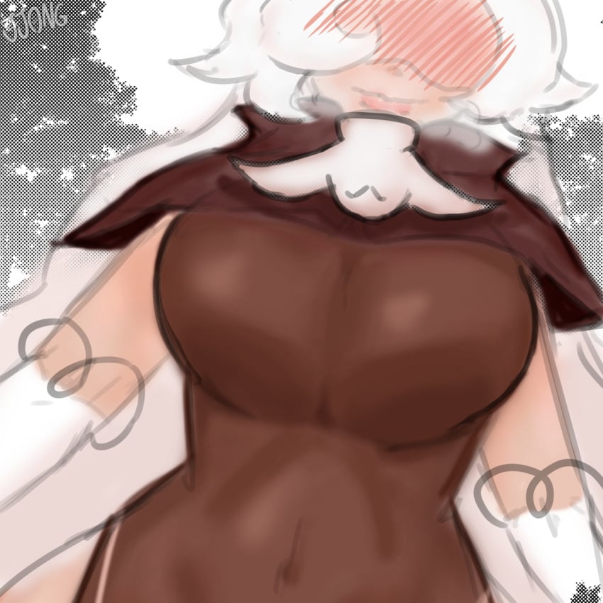 big_breasts breasts_focus cookie_run fully_clothed jjong latte_cookie_(cookie_run) white_hair