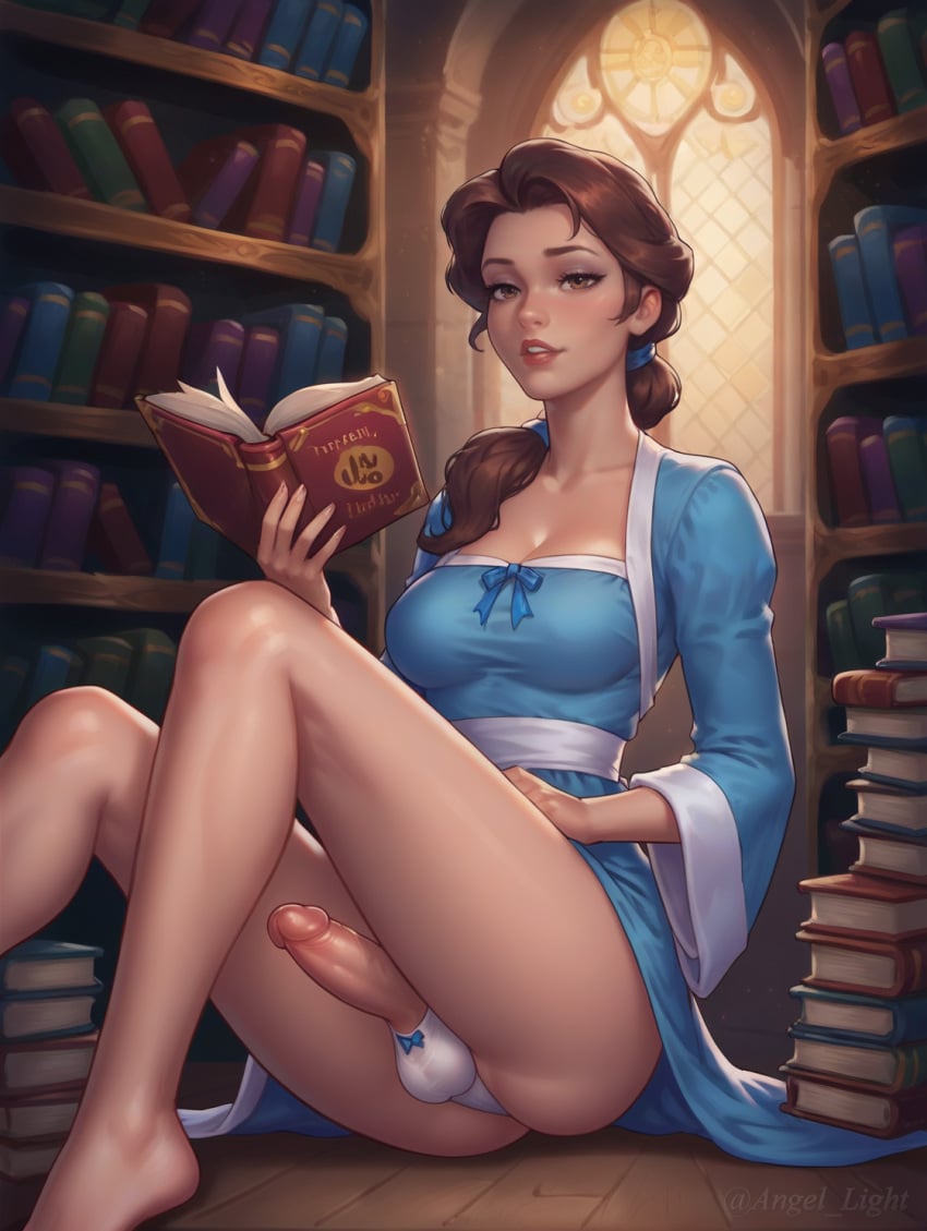 1girls ai_generated angel_light angel_light_(artist) balls beauty_and_the_beast belle belle_(beauty_and_the_beast) brown_eyes brown_hair dickgirl disney disney_princess futanari panties penis princess