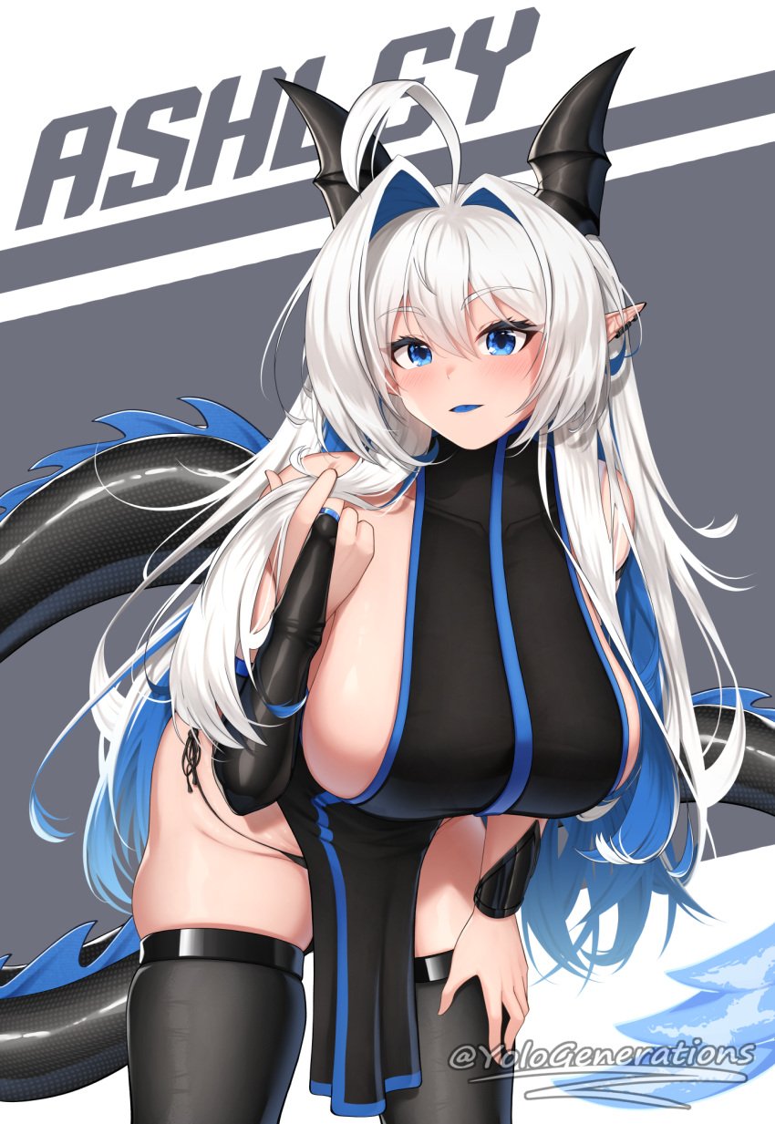 blue_hair dragon_girl huge_breasts pov tail thick_thighs thighhighs white_hair yologenerations