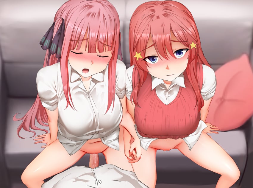 2girls bottomless breasts couch female female_only ginhaha go-toubun_no_hanayome holding_hands multiple_girls nakano_itsuki nakano_nino no_panties pink_hair pov red_hair tagme tight_clothing uncensored vaginal_penetration