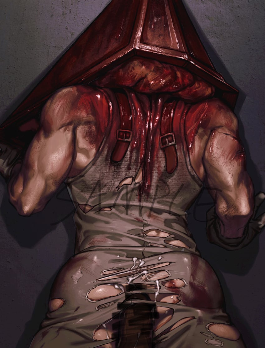 blood blood_on_ass blood_on_back blood_on_clothes blood_on_shoulder c2h4_(1849155751) censored cum cum_on_ass cum_on_clothes english_text from_behind highres konami male_focus pov pyramid_head scar_on_shoulder silent_hill silent_hill_2 spotlight torn_clothes upper_body yaoi