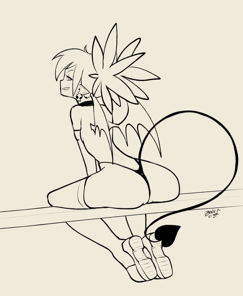 ass behind_view black_and_white colorless disgaea disgaea_1 drawn etna heart-shaped_tail huge_ass line_art monochrome nippon_ichi_software succubus succubus_tail succubus_wings thick_ass thong topless topless_female zedrin