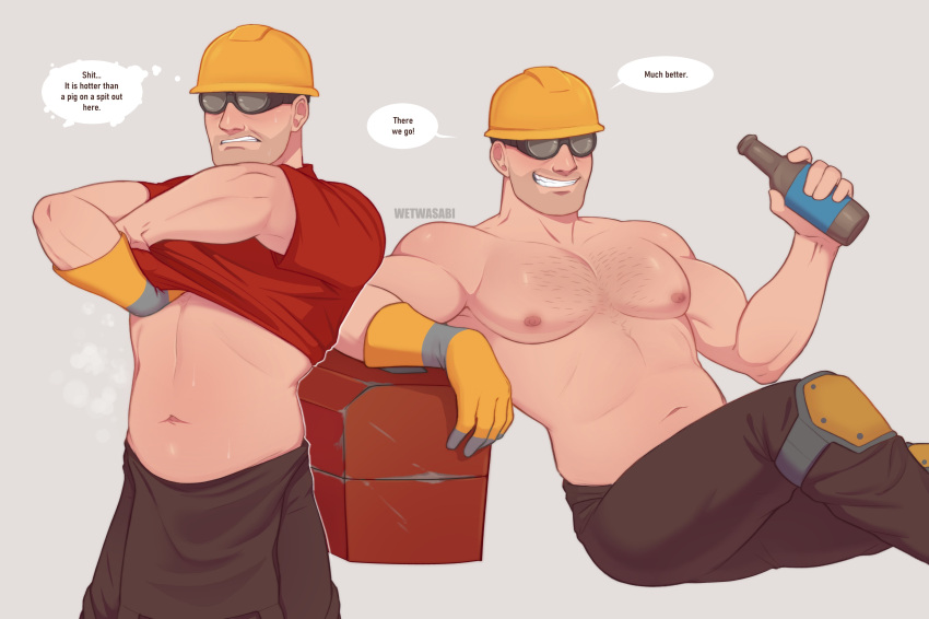 beer dad_bod engineer engineer_(team_fortress_2) goggles male_focus male_only no_visible_genitalia petite pinup removing_shirt shirtless shirtless_male slightly_chubby solo_male team_fortress_2 wetwasabi