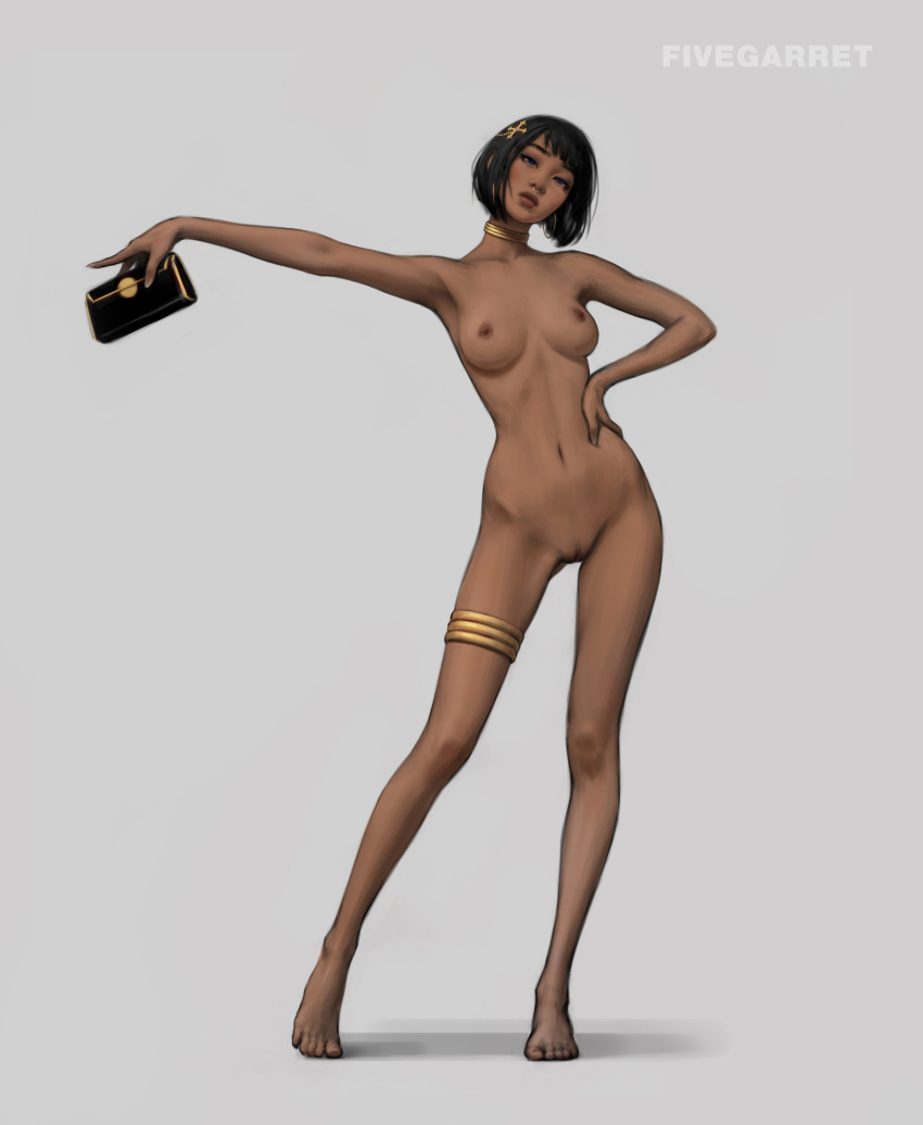 absurdres arm_up artist_name bag black_bag black_hair blue_eyes blunt_bangs bob_cut breasts completely_nude dark-skinned_female dark_skin female fivegarret full_body gold_collar hair_ornament hand_on_hip hand_on_own_hip handbag head_tilt highres holding holding_bag medium_breasts neck_ring nipples nose_piercing nose_ring nude nyia_(ashiyavain) original outstretched_arm piercing purse pussy red_lips short_hair simple_background solo standing thick_lips toes white_background