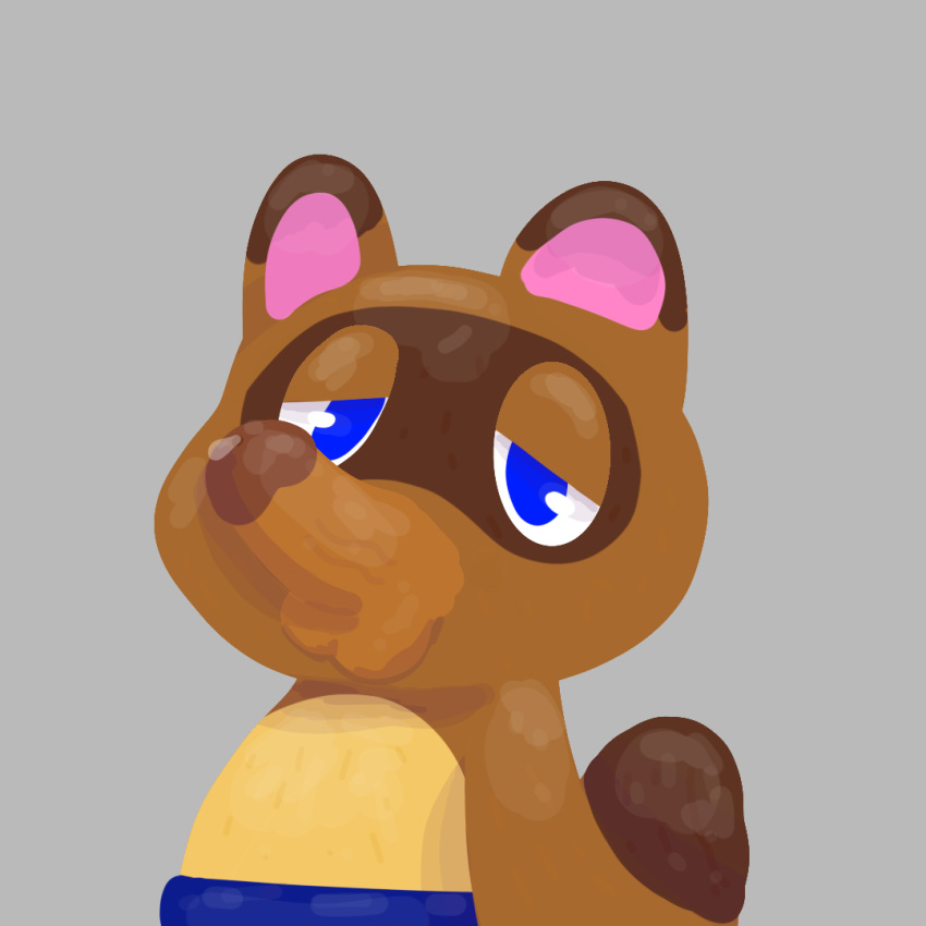 2024 animal_crossing anthro blue_eyes bodily_fluids brown_body brown_fur canid canine digital_media_(artwork) fur genital_fluids genitals kitkiy male mammal nintendo penis precum raccoon_dog simple_background solo tanuki tom_nook unusual_anatomy unusual_genitalia_placement what