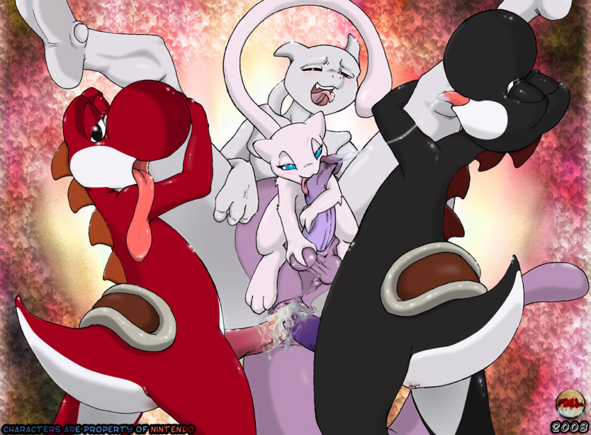 2008 abstract_background crossover fellarts furry licking male male_only mario_(series) mew mewtwo multiple_males nintendo no_humans orgy pokemon pokemon_(species) smooth_skin tongue yaoi yoshi