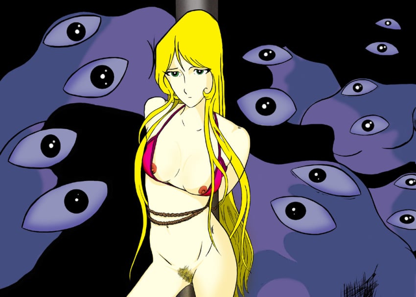 1girls alien artist_request bikini blonde_hair bondage bottomless breasts female galaxy_express_999 green_eyes leijiverse light-skinned_female light_skin long_hair maetel nipple_slip nipples pubic_hair solo_focus swimsuit very_long_hair