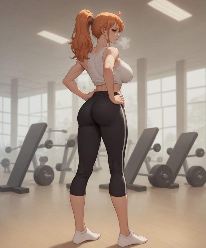 1girls ai_generated ass black_yoga_pants conniexx female female_only gym gym_uniform hands_on_hips large_breasts looking_at_viewer nami nami_(one_piece) one_piece sports_bra stable_diffusion steam thighs tight_clothing tight_fit white_socks white_sports_bra yoga_pants