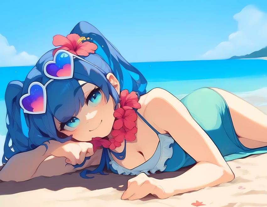 1girls ai_generated beach blue_clothing blue_dress blue_eyes blue_hair breasts chi_chi_(soul_knight) cleavage cyan_eyes dark_blue_hair dress female flower flower_in_hair flowers heart_sunglasses hibiscus lei lying_on_side medium_breasts miner_(soul_knight) sand sea seaside short_hair sleeveless_dress smile soul_knight sunglasses sunglasses_on_head twintails undershirt water white_undershirt