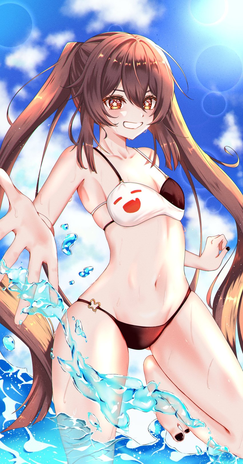 1girls 2024 2d 2d_(artwork) alternate_costume artist_request belly_button bikini bikini_bottom bikini_top black_bikini_bottom black_nails brown_eyes brown_hair clouds day female female_focus female_only flower-shaped_pupils front_view genshin_impact high_resolution highres hu_tao_(genshin_impact) light-skinned_female light_skin long_hair long_pigtails looking_at_viewer navel ocean outdoors petite petite_body petite_female revealing_swimsuit sky slim_girl small_breasts smiling smiling_at_viewer solo solo_female solo_focus standing standing_in_water summer sunlight swimsuit thong thong_bikini twintails two_piece_swimsuit very_long_hair water young younger_female