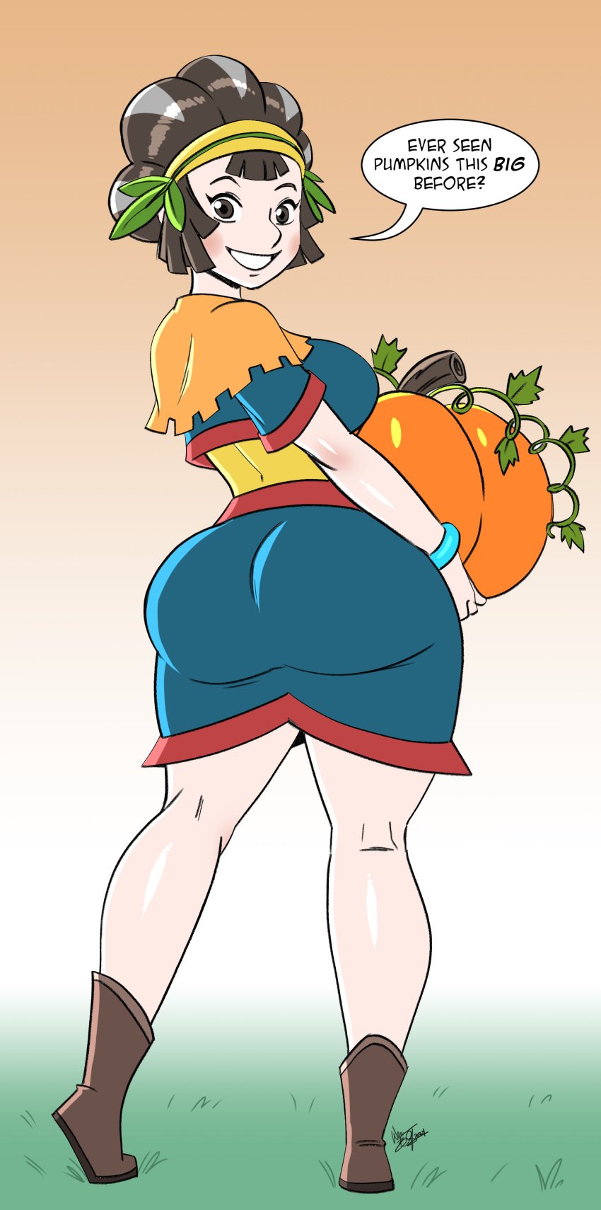 1girls aeolus06 ass ass_focus big_ass boots brown_eyes brown_hair dress female female_only from_behind holding_object kina_(skyward_sword) looking_back nintendo pumpkin shawl sideboob skyward_sword smile text text_bubble the_legend_of_zelda