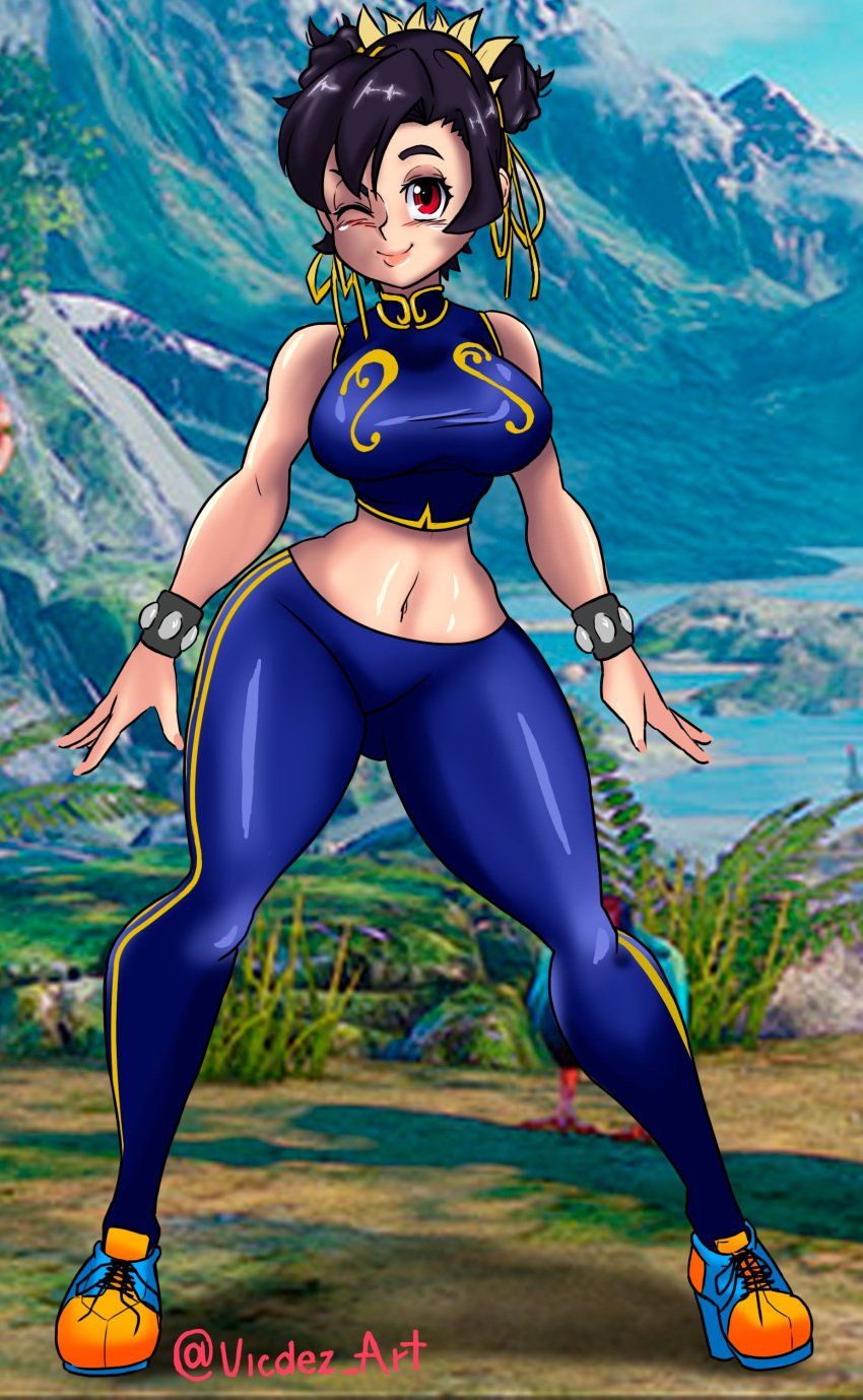 1girls big_breasts blush chun-li female female_only filia_(skullgirls) fit_female fully_clothed no_nude safe skullgirls solo street_fighter vicdezart