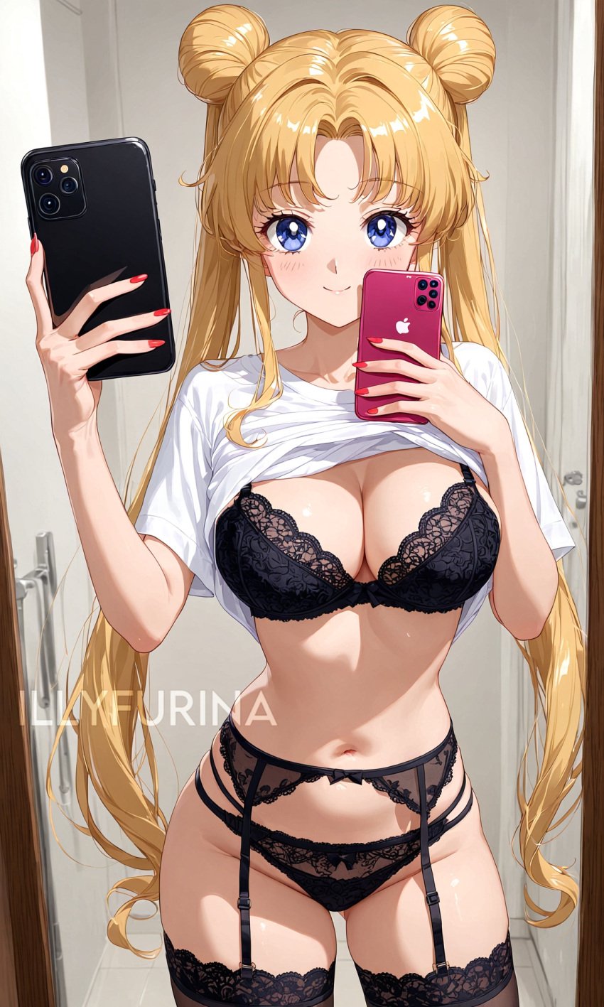 ai_generated bangs bishoujo_senshi_sailor_moon black_bra black_lingerie black_panties black_socks blonde_hair blue_eyes bra breasts clothing flushed flushed_face illyfurina lace-trimmed_socks lace-trimmed_thighhighs large_breasts long_hair looking_at_viewer magical_girl medium_breasts nails navel pale-skinned_female pale_skin panties photo sailor_moon seducing seduction seductive seductive_body seductive_eyes seductive_gaze seductive_look seductive_mouth seductive_pose seductive_smile selfie shirt shirt_up skinny skinny_girl smile smiling_at_viewer socks stable_diffusion stockings thigh_socks thighhighs thighs twintails usagi_tsukino waist watermark