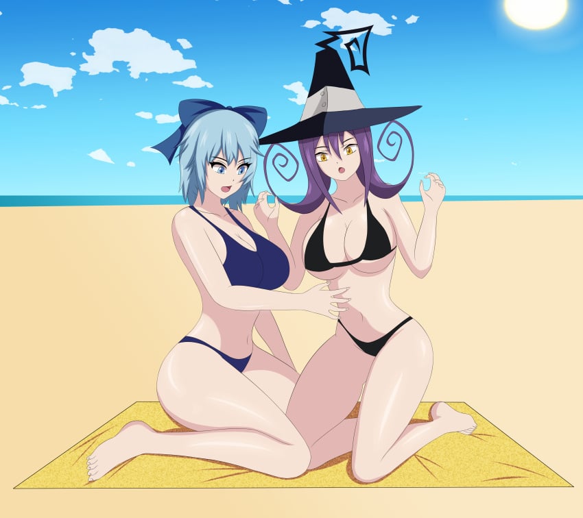 2girls anoneysnufftan applying_sunscreen beach beach_towel bikini blair_(soul_eater) blue_eyes blue_hair cirno edasbild embarrassed female female_only hairbow hat humiliation imminent_death killer_lotion massage murder ocean peril punishment purple_hair rubbing sand seaside sky snuff soul_eater summer sunbathing swimsuit touhou towel witch_hat yellow_eyes