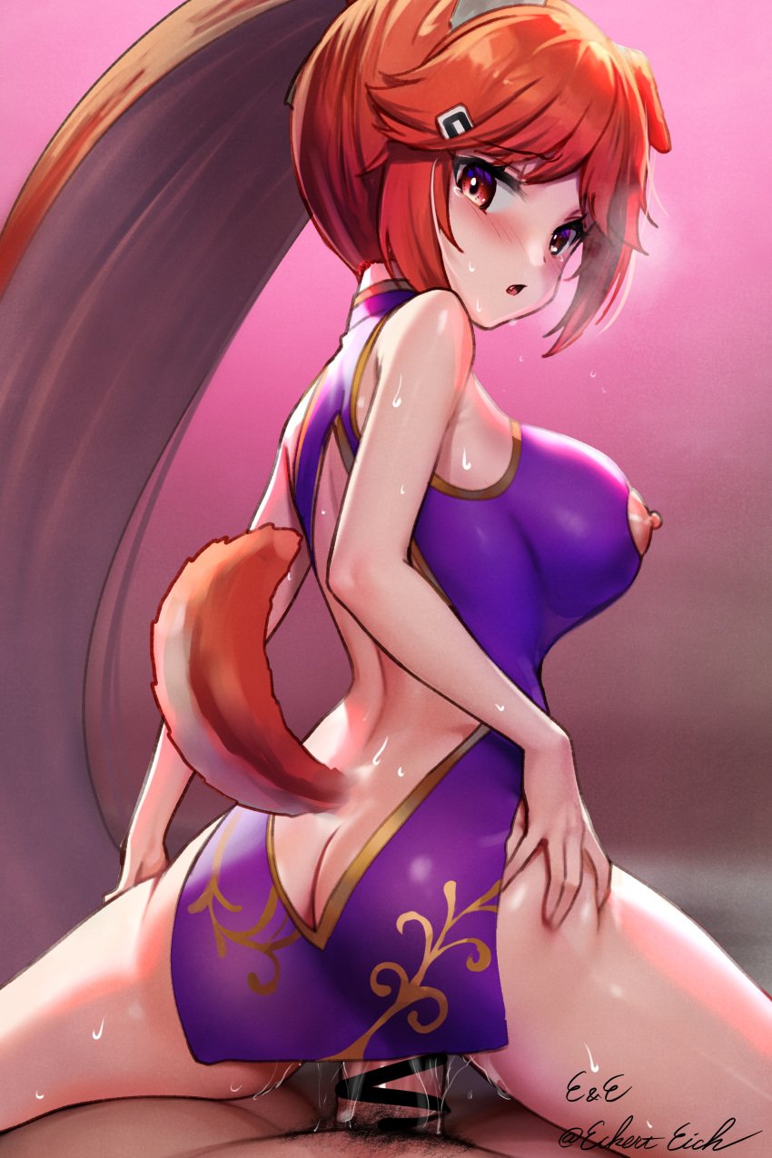 1boy absurdres animal_ears ass blush breasts butt_crack china_dress chinese_clothes cowgirl_position dress eckert&eich female fox_ears fox_girl fox_tail highres large_breasts long_hair looking_at_viewer microdress mist_train_girls nipple_cutout no_panties orange_eyes orange_hair ponytail purple_dress reverse_cowgirl_position sex shibuya_(mist_train_girls) sleeveless sleeveless_dress straddling straight tail tearing_up very_long_hair