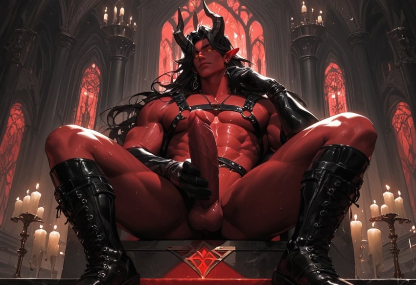 1demon 1dilf 1male 1man ai_generated balls ballsack biceps big_balls big_penis black_hair boots cock demon devilworship dick handsome harness horns large_penis latex leather male male_only master nutsack pecs penis red_body red_skin solo solo_male testicles vein veins veiny veiny_cock veiny_dick veiny_penis