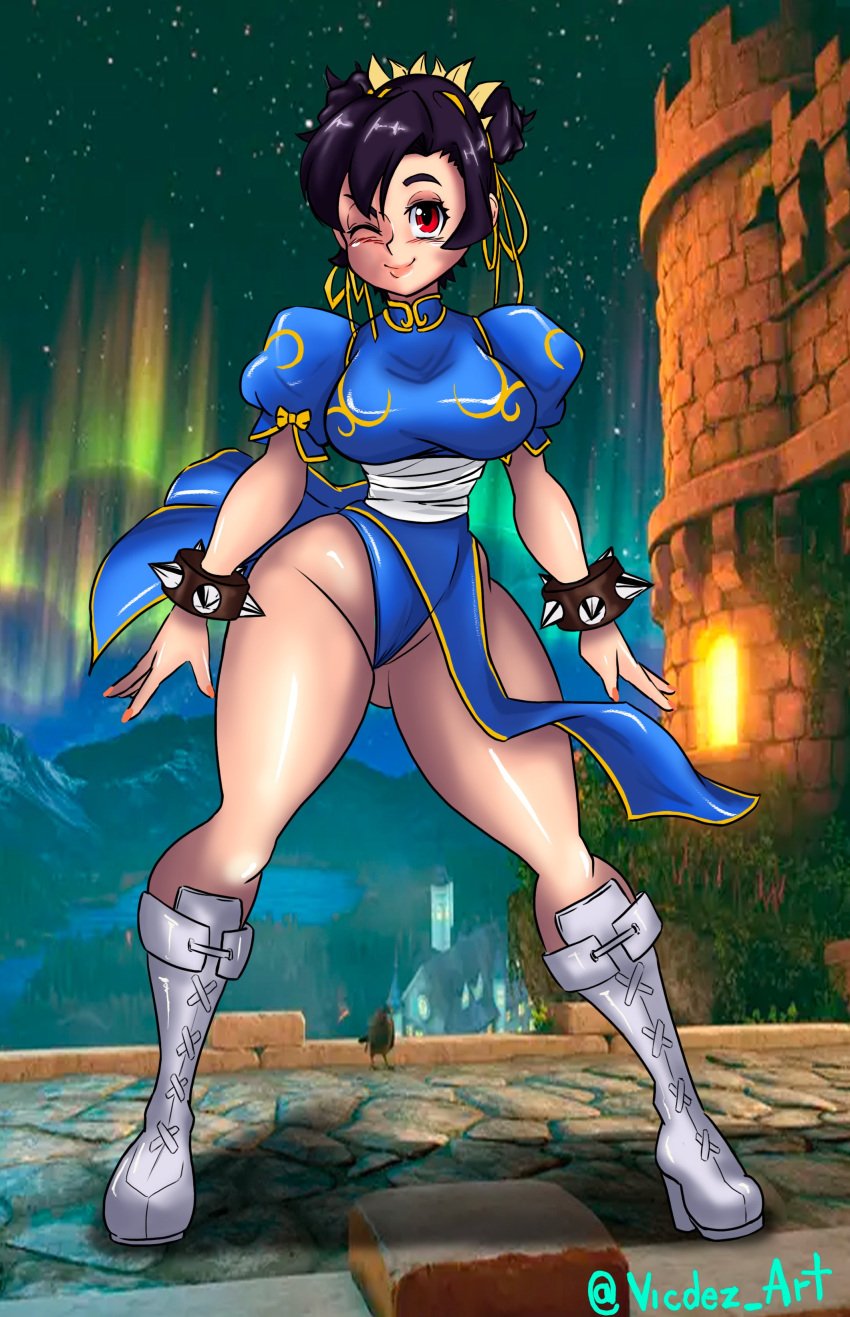 1girls big_breasts blush chun-li female filia_(skullgirls) fit_female no_nude safe skullgirls street_fighter vicdezart