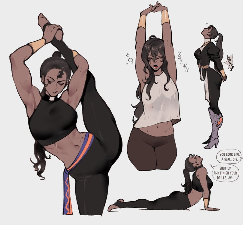 2024 adam_(nyantcha) armpits ass avi_(nyantcha) black_hair black_pants black_sports_bra bloodlight_(nyantcha) breasts closed_eyes crop_top dark-skinned_female dark_skin dialogue english_text feet female flexible leg_lift leg_up long_hair looking_at_viewer messy_hair midriff multiple_views offscreen_character open_mouth original pants speech_bubble split sports_bra sportswear squeans standing standing_on_one_leg standing_split stirrup_legwear stretching thiccwithaq thighs tight_clothes toeless_legwear toes white_background yawning yoga