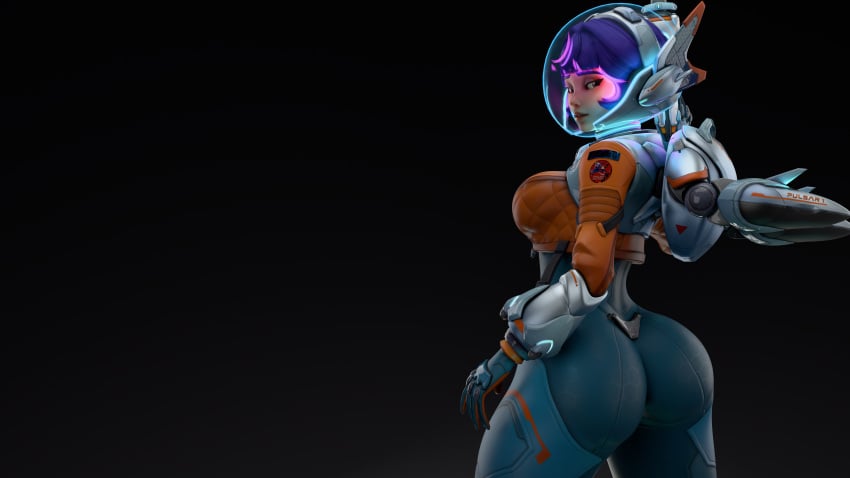 3d amanda_sparkle ass ass_focus big_ass big_breasts blender breasts clothed juno_(overwatch) light-skinned_female looking_back overwatch overwatch_2 popa_3d_animations simple_background solo solo_female wallpaper