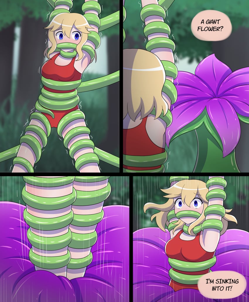 1girls blonde_hair blue_eyes lazzysin plant plant_tentacle restrained restrained_arms restrained_by_tentacles restrained_legs shaking swallowing swimsuit tagme tentacle