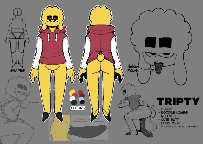 ambiguous_species anthro ass balls big_balls big_penis clothing curled_hair ellipsis english_text erection evilcrispicular floppy_ears fur genitals grey_background hair half-closed_eyes hoodie hooves huge_balls huge_cock humanoid_genitalia humanoid_penis male male_only model_sheet narrowed_eyes open_mouth penis perineum simple_background solo text tongue tongue_out toonkind topwear tripty_(evilcrispicular) yellow_body yellow_fur