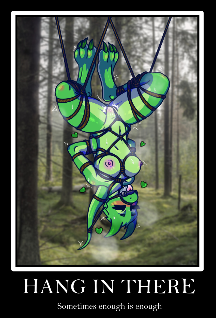 absurd_res anthro areola arms_tied blush bodily_fluids body_blush bondage bondage bound breasts claws closed_eyes countershade_tail countershade_torso countershading drooling f_5ve feet female female_orgasm forest forest_background gag gagged genital_fluids green_body hands_behind_back happy heart_symbol hi_res kobold motion_lines motivational_poster nature nature_background nipples orgasm plant reptile restrained restraints rope rope_bondage rope_harness saliva scalie solo sweat tail tongue tongue_out tree tremble_spikes vaginal_fluids