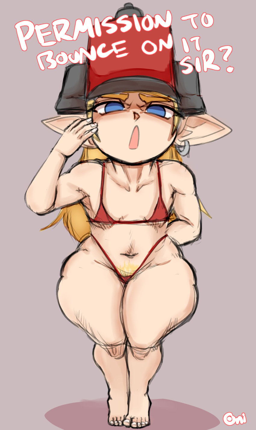 blonde_hair bottom_heavy feet final_fantasy_xiv flat_chest imminent_sex lalafell micro_bikini oc oni_draws open_mouth original original_character pear_shaped plump propositioning pubic_hair salute shortstack soldier thick_thighs toes