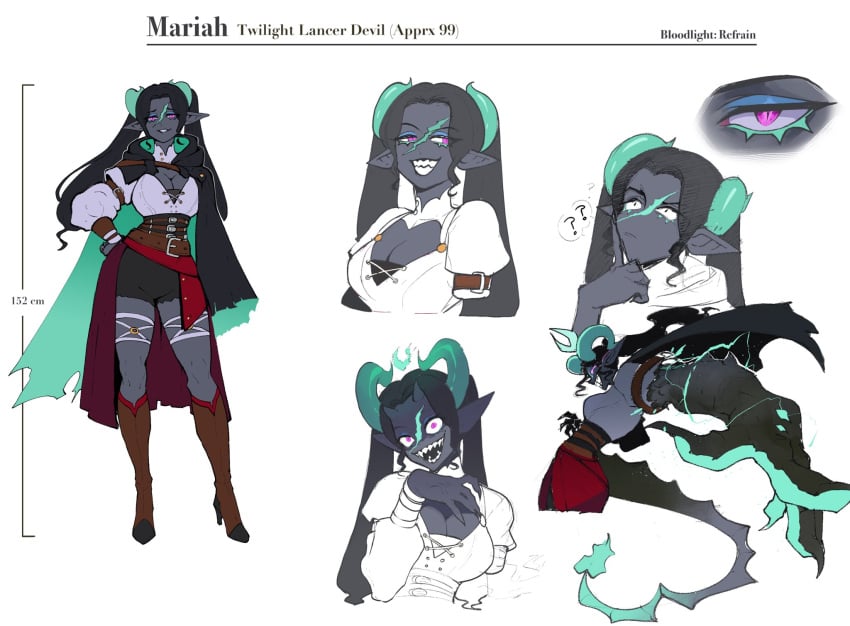 2024 alternate_costume alternate_hairstyle amputee black_hair bloodlight_(nyantcha) breasts character_name character_profile character_sheet cleavage colored_skin demon_girl demon_horns female grey_skin hi_res horns large_breasts long_hair long_sleeves looking_at_viewer mariah_(nyantcha) missing_limb multiple_views no_text_version original parted_bangs pointy_ears purple_eyes regeneration scar scar_on_face slit_pupils smiling smiling_at_viewer tail teeth thiccwithaq