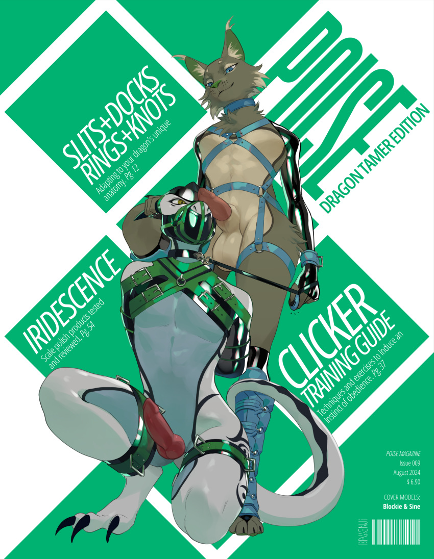 animal_genitalia anthro balls bassenji dragon duo genital_slit genitals harness hi_res knot knotted_penis male male/male mammal mythological_creature mythological_scalie mythology penis scalie sheath smile standing wingless_dragon