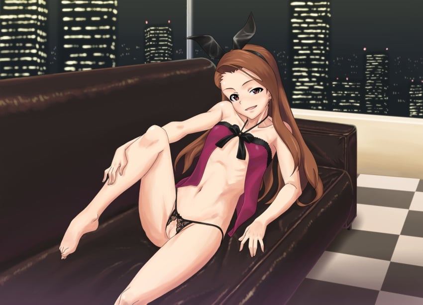 alternate_hairstyle babydoll brown_eyes brown_hair city couch crotchless crotchless_panties female idolmaster idolmaster_2 kaimu_(pixiv) lingerie long_hair looking_at_viewer lying minase_iori naughty_face neck_strap panties pubic_hair pussy ribs skyline smile solo spread_legs uncensored