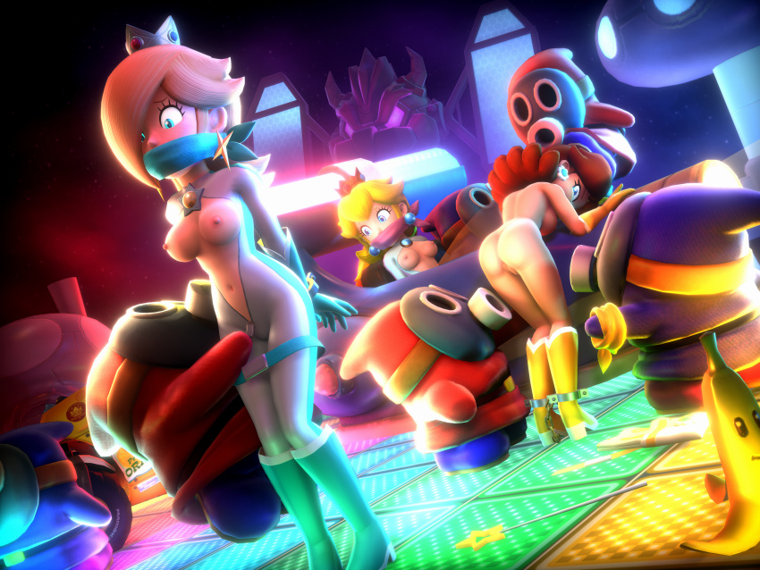 alternate_version_at_patreon alternate_version_at_source banana bodysuit bondage boots breasts_out exposed_breasts gloves handcuffs looking_at_viewer mario_(series) mario_kart nintendo onmodel3d otm_gag police police_car princess_daisy princess_peach princess_rosalina rainbow_road self_upload small_dom_big_sub snifit strip_search tagme unzipped_bodysuit