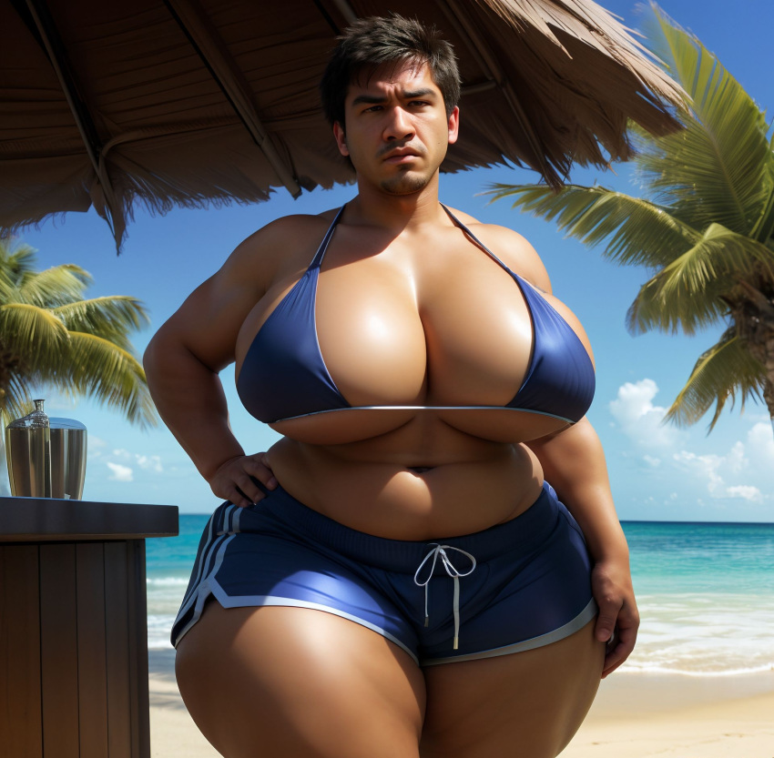 1boy ai ai_generated beach big_breasts bra breasts_bigger_than_head busty busty_boy cleavage feminization feminized_male jackvinsanity male_breasts male_cleavage male_tits male_with_breasts short_shorts thick_thighs voluptuous_male wide_hips