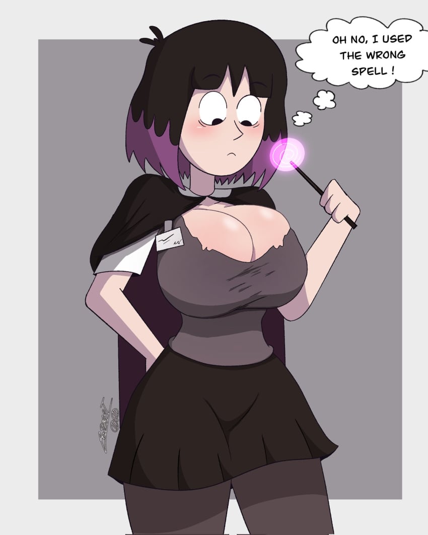 1girls autart big_breasts blush breast_expansion breasts female female_only hilda_(series) kaisa_(hilda) librarian netflix two_tone_hair wand witch