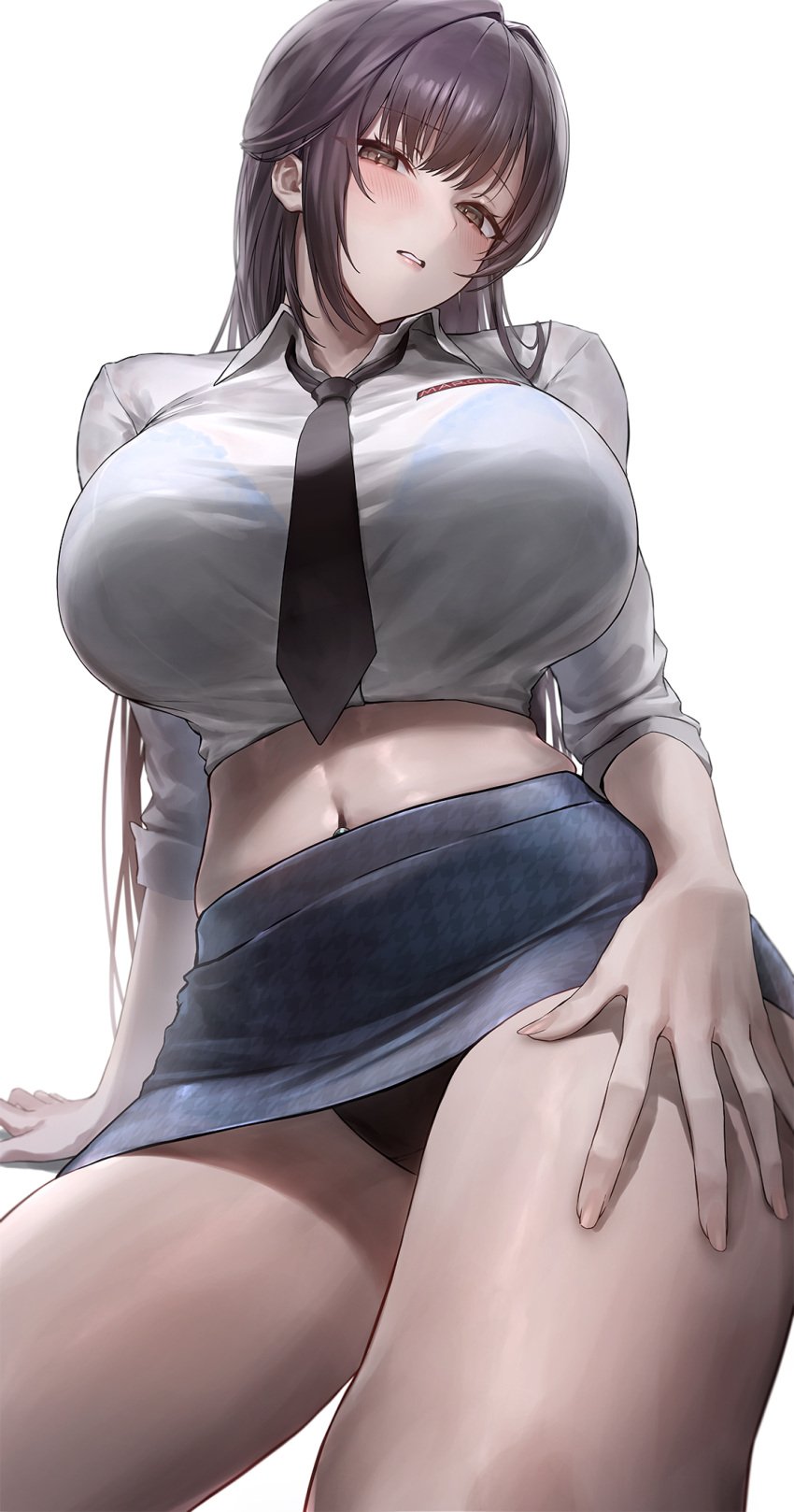 1girls artist_request breasts brown_eyes brown_hair female goddess_of_victory:_nikke hips huge_breasts light-skinned_female light_skin long_hair marciana_(nikke) marciana_(school_days)_(nikke) midriff naughty_face school_uniform thick_thighs thighs wide_hips