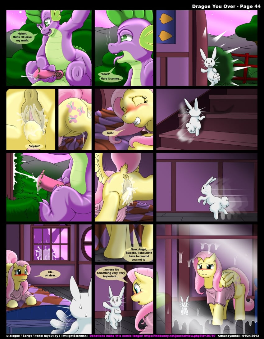 2013 angel_(mlp) anus ass blush comic cum cum_drip cumshot dragon dragon_you_over_(kitsune_youkai) dripping embarrassed english_text equine female female_ejaculation flare fluttershy_(mlp) friendship_is_magic heat horse humiliation kitsune_youkai knot lagomorph male masturbation messy my_little_pony orgasm page_44 pegasus pony precum pussy_juice rabbit smooth_skin spike_(mlp) spying sweat text voyeur wet wings