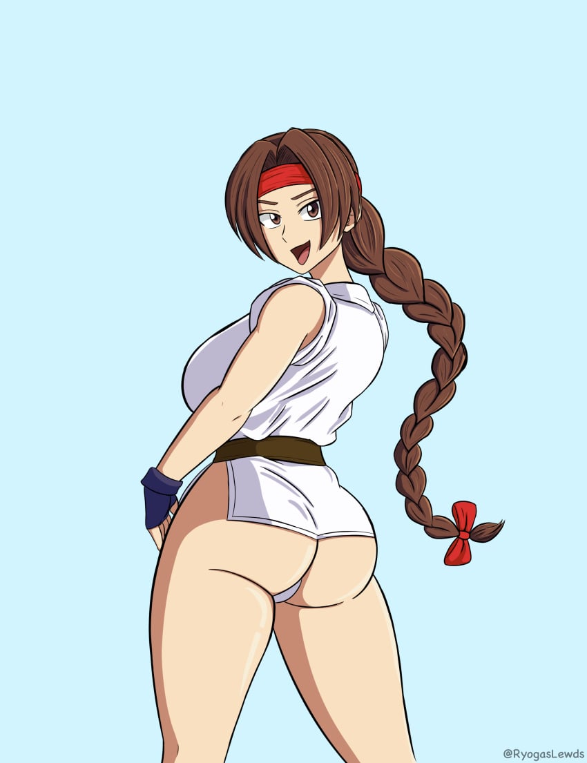 bandana belt big_ass big_butt bow braid braided_hair braided_ponytail brown_eyes brown_hair clothed female gloves karate karate_gi king_of_fighters light_skin looking_at_viewer looking_back no_pants panties ryogaslewds white_clothing white_panties white_skin yuri_sakazaki