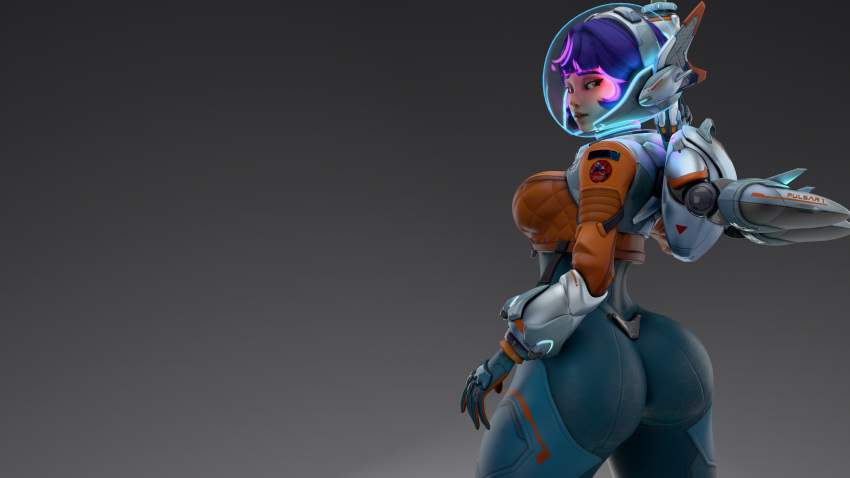 3d amanda_sparkle ass ass_focus big_ass big_breasts blender breasts clothed juno_(overwatch) light-skinned_female looking_back overwatch overwatch_2 popa_3d_animations simple_background solo solo_female wallpaper