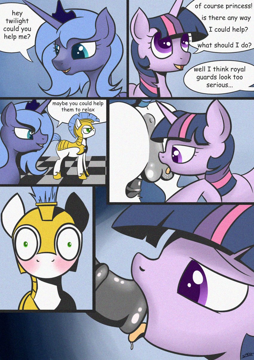 comic equine female friendship_is_magic horse horsecock my_little_pony oral_sex penis pony princess_luna_(mlp) royale_guard_(mlp) sex smogyday straight_hair twilight_sparkle_(mlp)