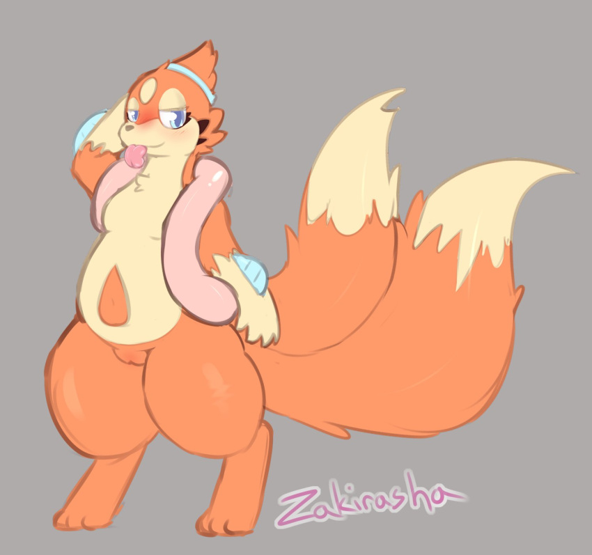 2023 2_tails artist_name blep blue_eyes blush breasts colored digital_drawing_(artwork) digital_media_(artwork) female feral feral_only floatzel generation_4_pokemon genitals glistening glistening_body hand_behind_head hi_res multi_tail nintendo pokemon pokemon_(species) pussy riza_(deltravok) signature small_breasts solo standing tail thick_thighs tongue tongue_out zakiredlight