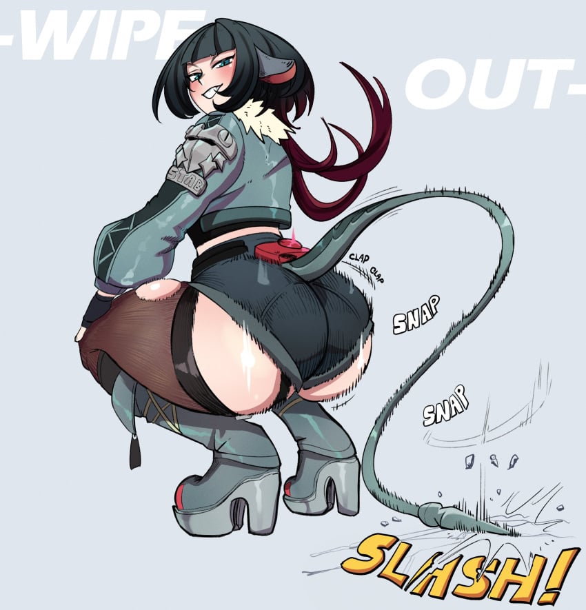 1girls ass ass_clapping big_ass black_hair boots bouncing_ass broken_ground bubble_butt clapping_cheeks crouching dat_ass fat_ass female female_only heel_boots hentaly huge_ass jane_doe_(zenless_zone_zero) large_ass looking_at_viewer looking_back smile solo squatting tail thick_ass thick_thighs twerking wide_hips zenless_zone_zero