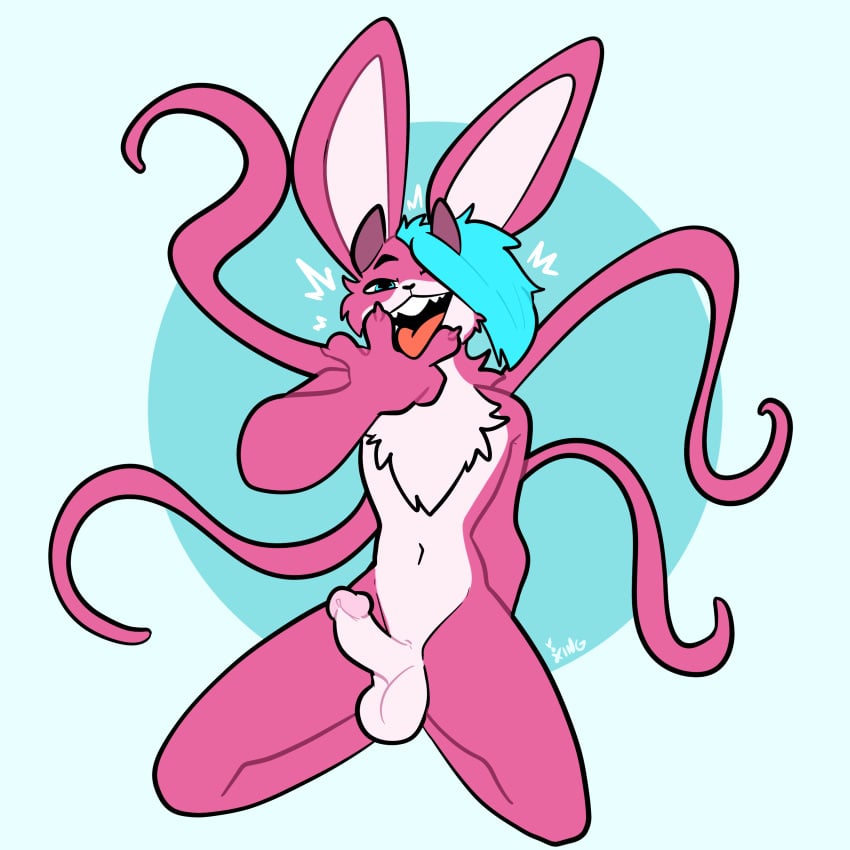 absurd_res anthro balls concubus cunnilingus_gesture erection genitals gesture hair hi_res horn ikarsi_(lloxie) lagomorph leporid male male_only mammal penis rabbit solo suggestive suggestive_gesture teal_hair tentacle xing1