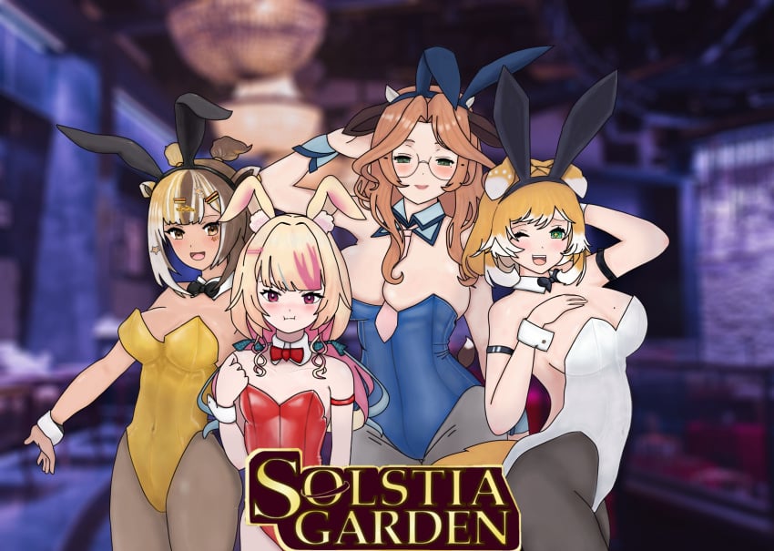 4girls alicja_da_lontano blonde_hair blush bonnie_barkswell breasts brown_hair bunny_ears bunny_garden bunny_girl bunnysuit cow_ears cow_girl cow_horns cow_tail dog_ears dog_girl dog_tail fake_animal_ears fake_rabbit_ears giraffe_ears giraffe_girl giraffe_tail glasses globie green_eyes hair_ornament horns huge_breasts indoors katsu_(katsupantsu) kiri_kilovolt light-skinned_female light_skin looking_at_viewer medium_breasts one_eye_closed open_mouth pouting red_eyes rhubarb_n._kustard seductive small_breasts star-shaped_pupil tail tan-skinned_female tan_skin two_tone_hair virtual_youtuber wink wrist_cuffs yellow_eyes